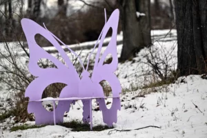 Photo of a lavender metal bench in the shape of a butterfly on the snowy ground at the animal sanctuary.