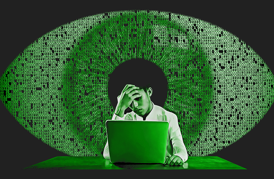 Green and black digital illustration of a person sitting with a laptop in front of an green eye filled with binary code, when the animation changes the eye becomes a green cloud above the person at their laptop.