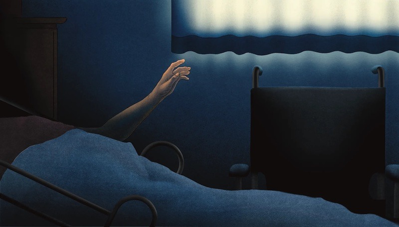 Graphic illustration of a patient, whose head we cannot see, in a hospital bed with one hand outstretched. The background is dark blue, with blue curtains and blankets.