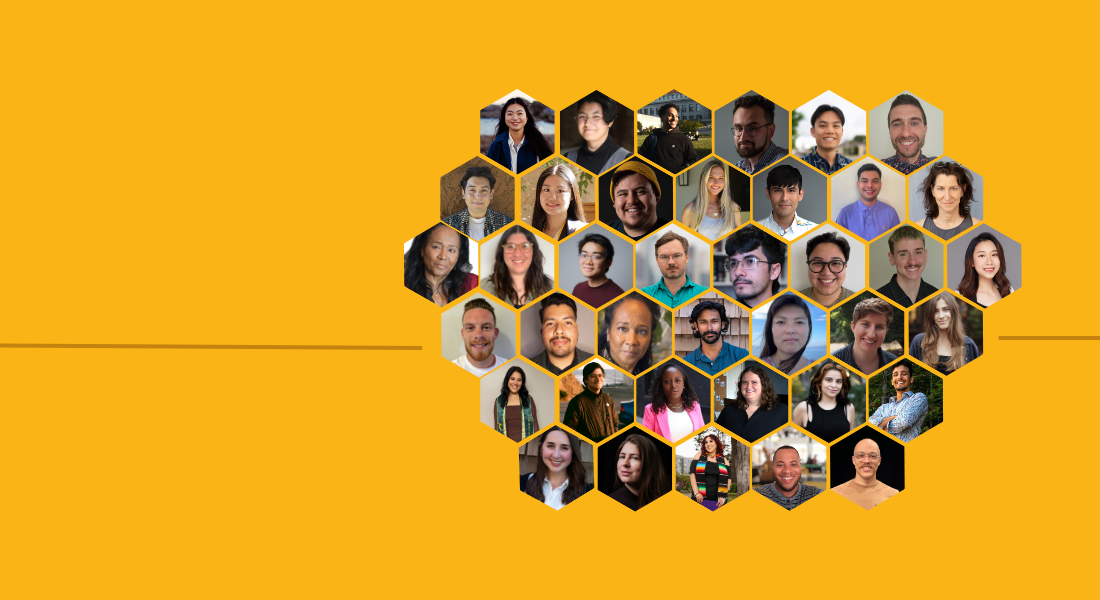A group photo collage of diverse individuals arranged in a hexagonal pattern on a yellow background, akin to state-funded journalism's inclusivity. Each person's portrait is framed within a hexagon, forming a honeycomb-like structure. The left side has empty space.