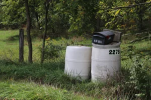 Two white barrels with a mailbox on top of one of them. 