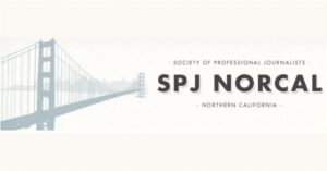 An illustrated image of the Golden Gate Bridge with the text "Society of Professional Journalists SPJ NorCal - Northern California" to the right. The background in light grey tones enhances the bridge's dark silhouette and bold black text, celebrating Dean Geeta Anand for her Distinguished Service to Journalism Award.