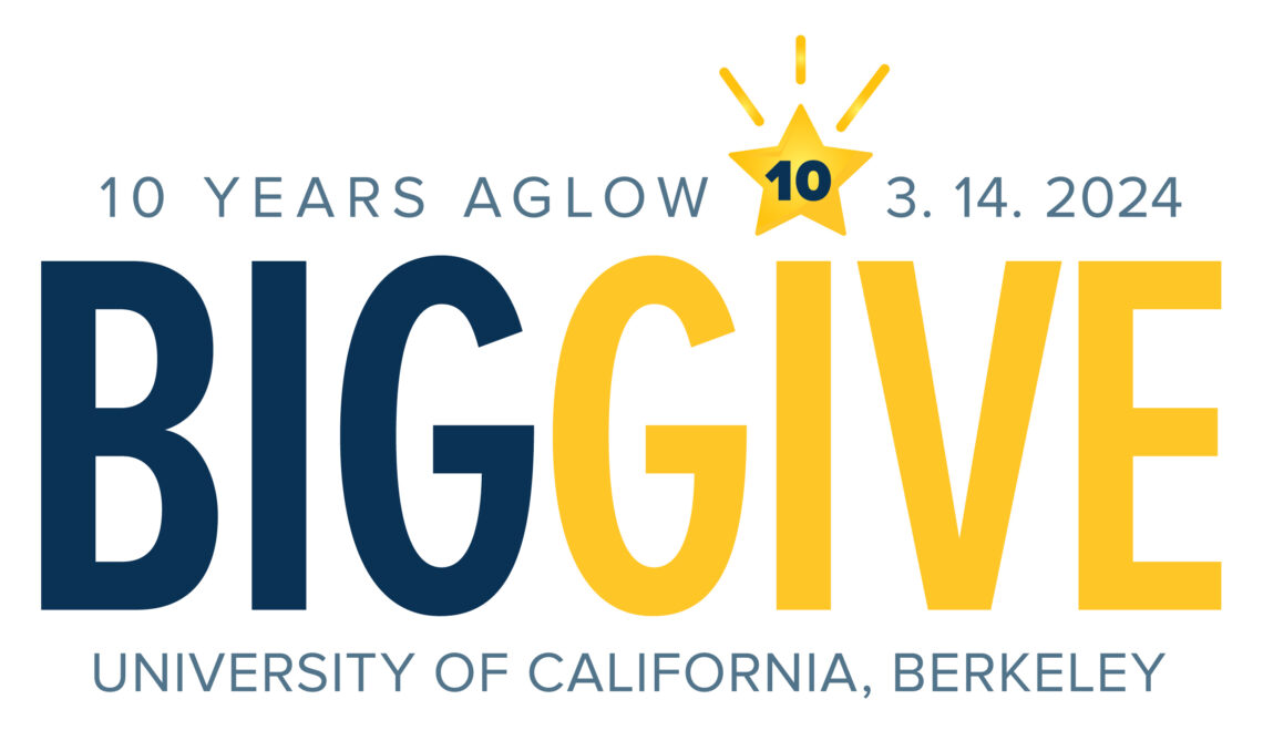 Big Give" logo with "10 Years Aglow," a star with the number "10," "3.14.2024," and "University of California, Berkeley Journalism." The text features a combination of blue and yellow colors, emphasizing community support