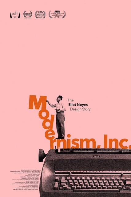 Pink poster for the documentary Modernism, Inc. with a typewriter.