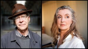Side-by-side portraits of John King and Rebecca Solnit. On the left, an older man with glasses, wearing a fedora and coat, stands in a blurred urban background. On the right, a woman with long grey hair and a white shirt looks slightly off-camera, with a softly lit indoor background.