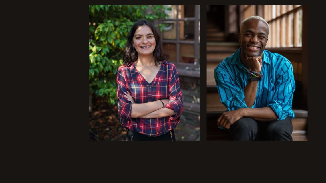 Two people are featured in separate photos. On the left, Jeremiah Rhodes in a red and blue plaid shirt stands outdoors with arms crossed, smiling. On the right, one of the student commencement speakers from the Class of 2024 wears a blue striped shirt, sitting on stairs indoors, resting their chin on their hand and smiling.