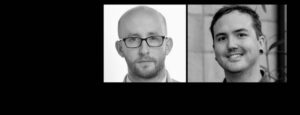 A split image showcasing two black-and-white portraits of alumni. The man on the left is bald, wears glasses, and has a beard. The man on the right has short hair, is smiling, and wears an earring. Both images have a black background surrounding them.