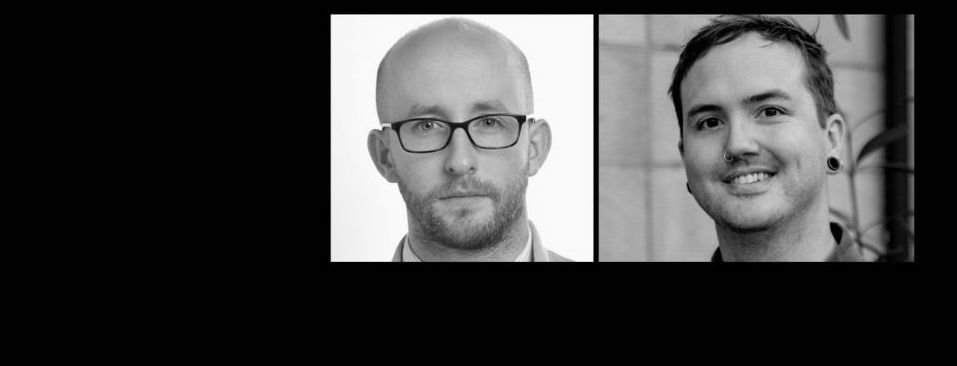 A split image showcasing two black-and-white portraits of alumni. The man on the left is bald, wears glasses, and has a beard. The man on the right has short hair, is smiling, and wears an earring. Both images have a black background surrounding them.