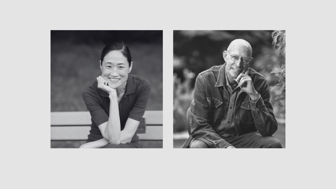 A side-by-side black-and-white photo. On the left, Mina Kim sits on a bench, smiling with her chin resting on her hand. On the right, Michael Pollan, wearing glasses and a denim jacket, smiles with his hand touching his chin. Both are in casual settings, perhaps at an informal evening event.