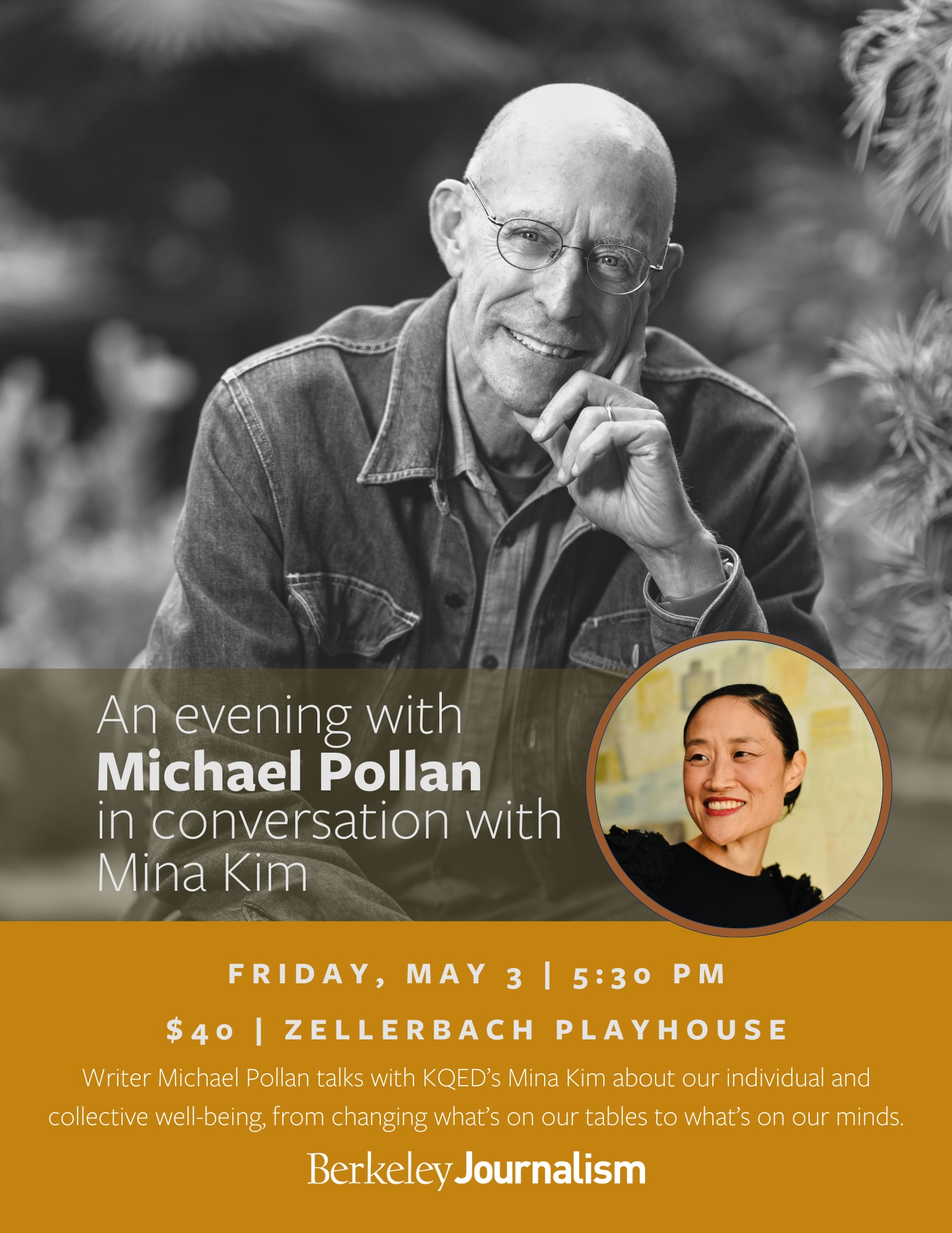 Michael Pollan flyer advertising event with Mina Kim. 