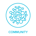 A turquoise icon featuring interconnected circles inside a larger circle symbolizing a network. Below the icon, the word "COMMUNITY" is written in capital letters, emphasizing equity and unity.