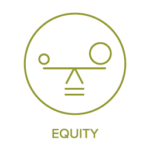 A minimalist icon representing equity. It features a circular border with a balance scale inside, symbolizing fairness. One side of the scale has a smaller circle, and the other side has a larger circle, depicting balance. Below the icon, the word "EQUITY" is written in uppercase letters.