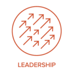 An orange outline of a circle contains multiple arrows pointing upwards to the right, symbolizing direction, growth, and equity. Below the circle, the word "LEADERSHIP" is written in capital letters. The design is simple and minimalist.