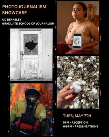 Poster for the photojournalism showcase featuring 4 photographs. The top right corner is of a woman who had heart surgery. the top left shows a door with broken glass in the center. The bottom left pictures a firefighter in front of a fire. In the bottom right you see a hand holding cotton in a field.