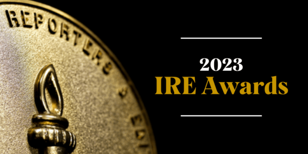 A close-up of a gold medallion partially visible on the left side, with raised text reading "REPORTER." On the right, the text "2023 IRE Awards" prominently features in gold and white against a black background, celebrating Investigative Reporters. A thin white line is above and below the text.
