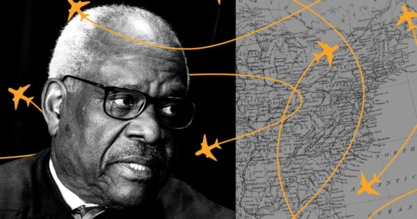 A grayscale image of an elderly man wearing glasses on the left, with a map of the eastern United States on the right. Yellow airplane icons and flight paths are superimposed across the map, reminiscent of Brett Murphy's award-winning reports on travel routes.