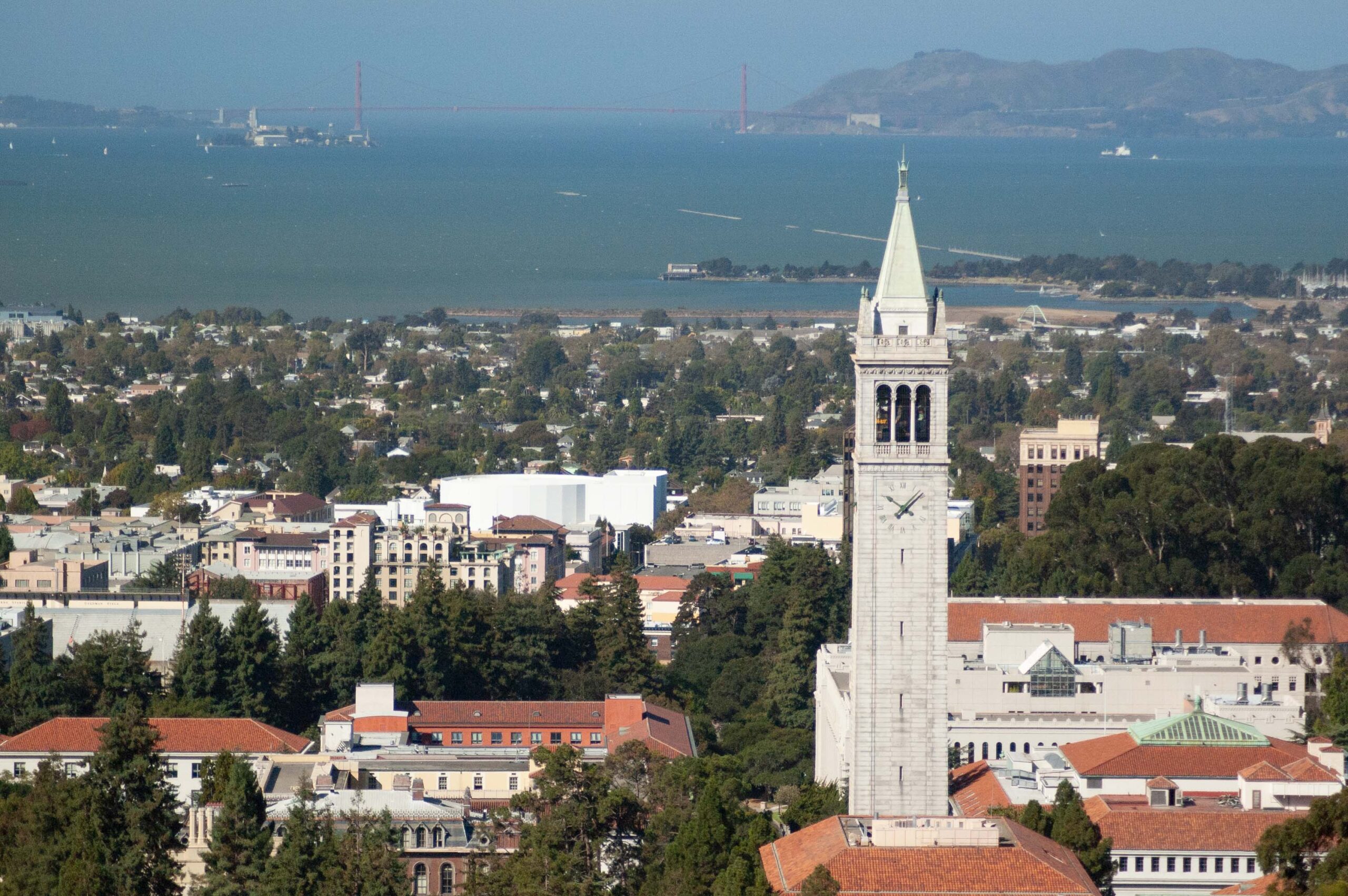 Aerial view of Sather Tower, also known as the Campanile, on the University of California, Berkeley campus. The San Francisco Bay and Golden Gate Bridge are visible in the background on a clear day. The surrounding area features trees, various buildings, and venues where advisors often meet with students.