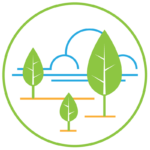 A minimalist illustration of four green trees within a circular border. The trees vary in size and sit on orange lines, representing ground. Blue cloud shapes are in the background, evoking a serene atmosphere. The circle's border is green, reminiscent of the Berkeley Journalism logo's clean design.