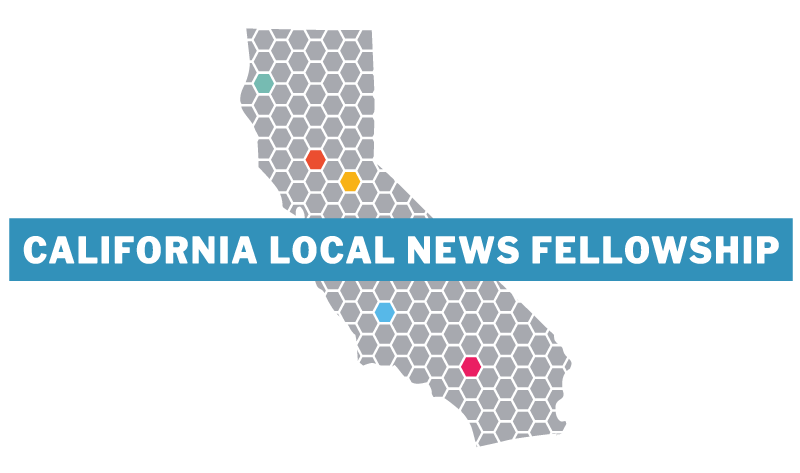Image of the state of California filled with a hexagonal pattern. Various hexagons are colored red, orange, blue, and green. A blue banner with white text reads "California Local News Fellowship" running across the middle of the state outline, highlighting innovative projects.