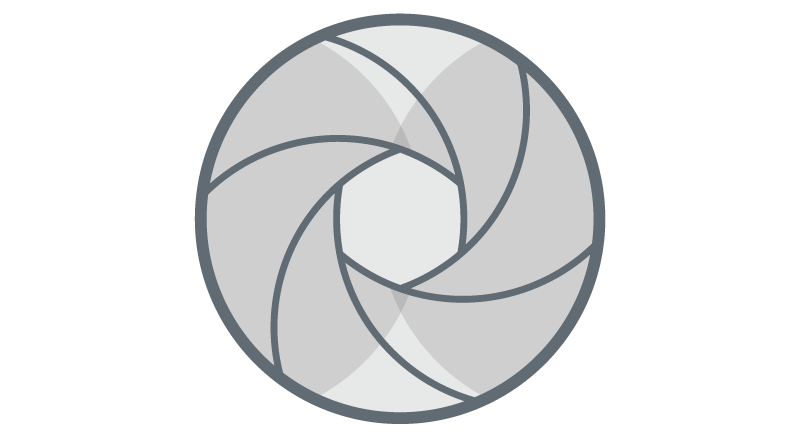 An illustration of a camera shutter icon with overlapping blades forming a circular pattern, perfect for creative projects. The blades are shaded in varying degrees of grey, creating a dimensional effect. The icon is set against a white background.