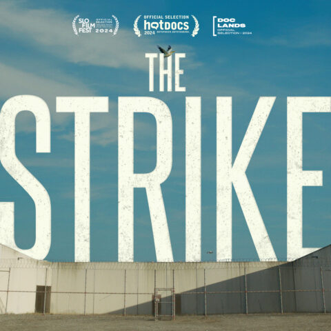 Poster for the documentary "The Strike" with a sky background and tall white letters.