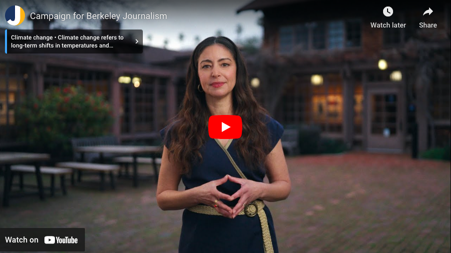 Video thumbnail for Berkeley Journalism campaign. The image is of Professor Shereen Marisol Meraji wearing a blue dress in the North Gate Hall courtyard.