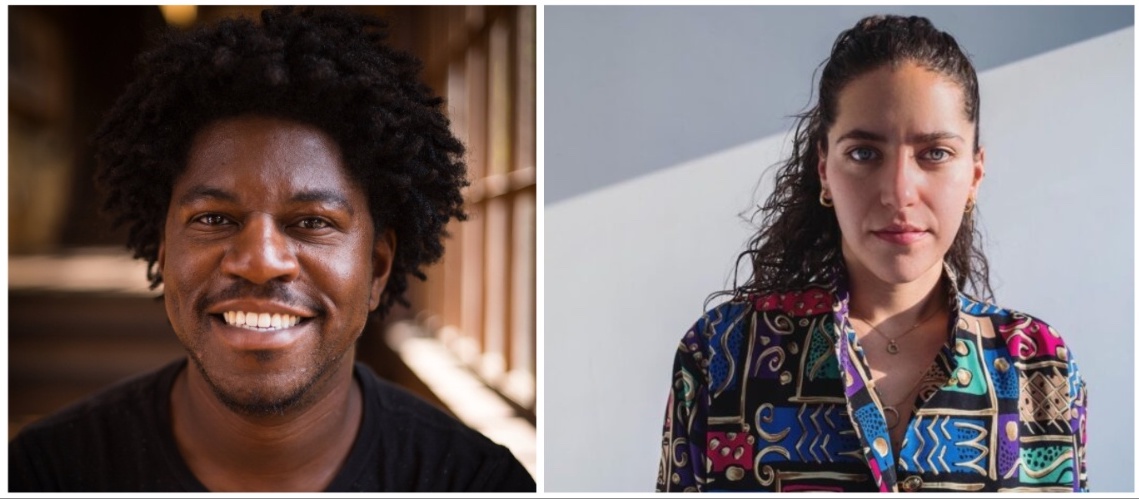 On the left: a smiling man with curly hair wearing a dark shirt; on the right: a woman with long curly hair in a colorful top.