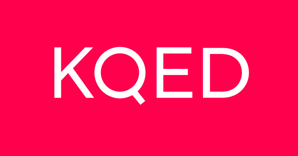 The image shows the KQED logo in white text against a red background. 