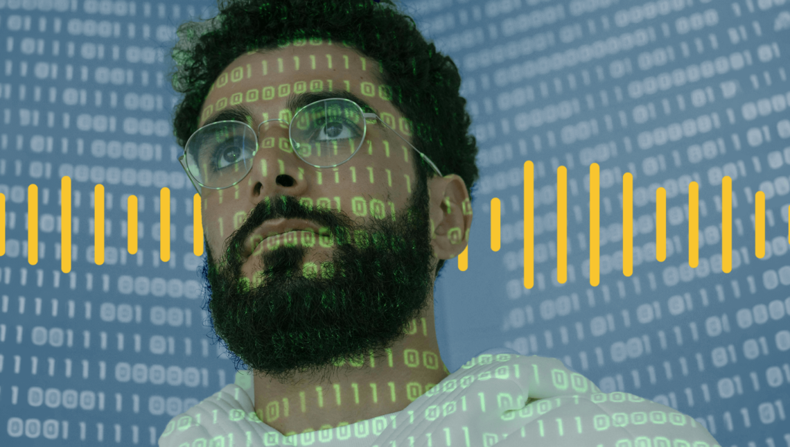 A man with glasses and a beard is depicted with binary code overlaying the image. Yellow lines resembling a soundwave pattern are superimposed across the center. The background is a light blue color, evoking themes of AI.