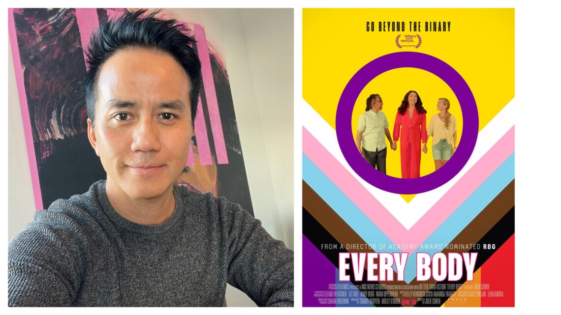 A Berkeley Journalism Alumni in a gray sweater featured next to the "Every Body" movie poster featuring three people holding hands.