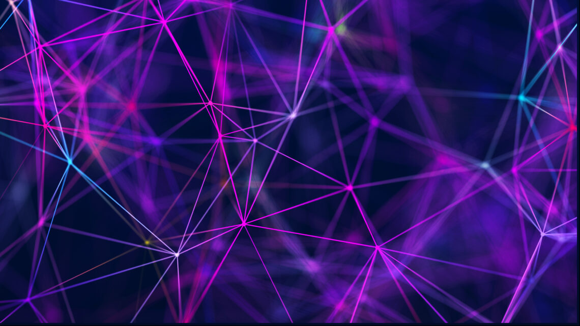 Abstract image of interconnected purple and pink lines forming a network against a dark background.