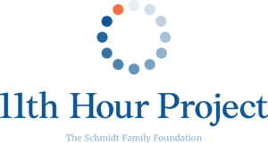 The logo of the 11th Hour Project with a circle of dots, one in orange, and "The Schmidt Family Foundation" text below highlights their commitment to initiatives like the Climate Journalism Program.