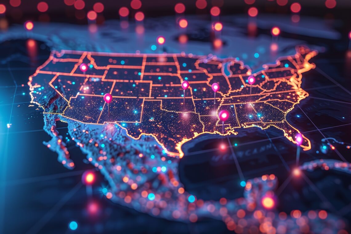 A map of the United States that is illuminated with sparkly lights and pins that denote voting districts.