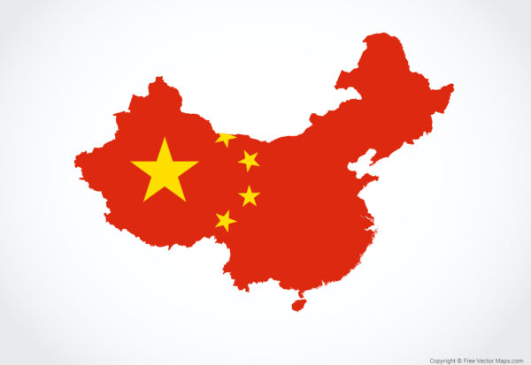 CN Map of China in red with the national flag, featuring five yellow stars, overlaid on top, symbolically reporting China's national identity.
