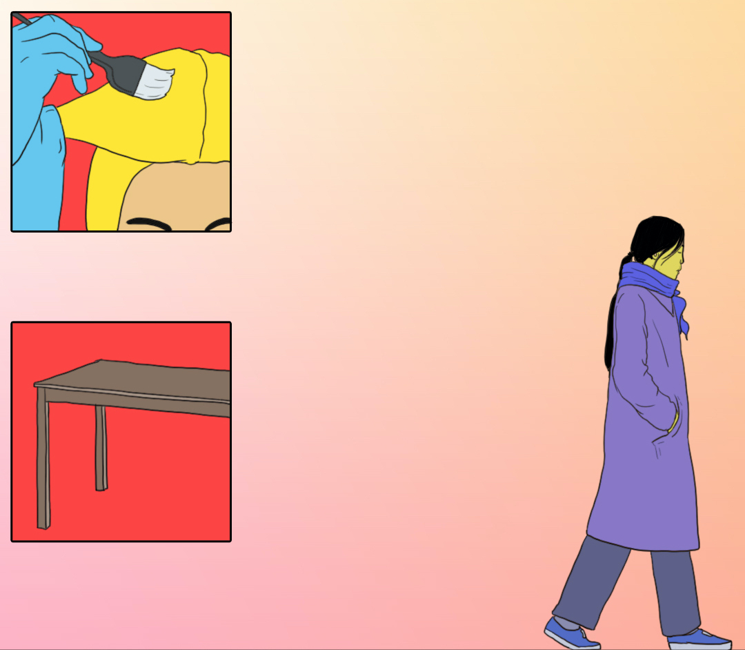 China Reporting Art A person in a long coat walking. A paintbrush over a canvas and a table are depicted in separate rectangles on the left, reminiscent of traditional Chinese artistry.