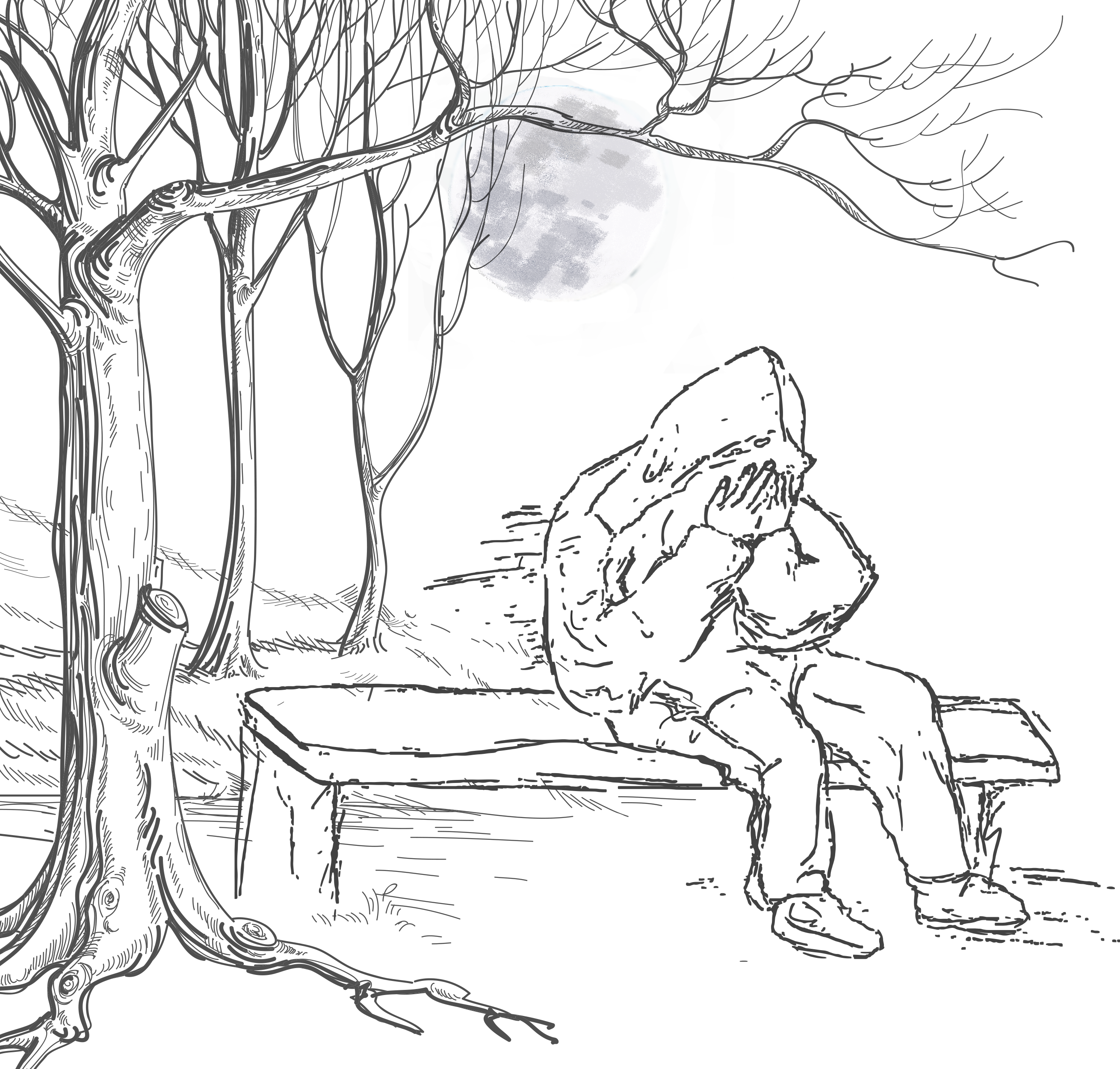 China drawing Drawing of a person sitting on a bench with head in hands, under a full moon in a dark night sky, as if lost in thought.