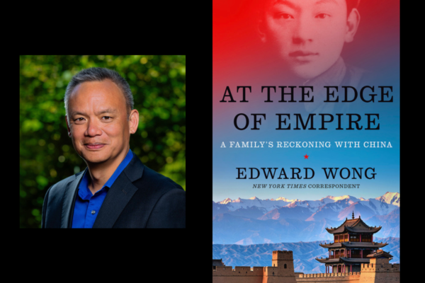 Portrait of a man in a blue shirt and a book cover of "At the Edge of Empire: A Family's Reckoning with China" by Edward Wong.