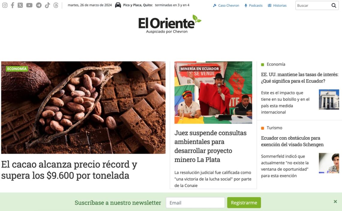 News site with articles about cocoa prices, Chevron's environmental consultations for a mining project, and city’s stories on tourism.