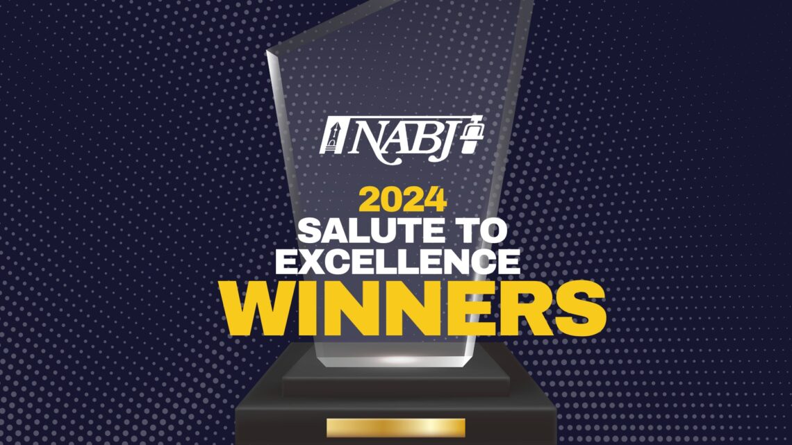 Clear trophy with "NABJ" logo, "2024 Salute to Excellence Winners" text in front of a dotted background. 