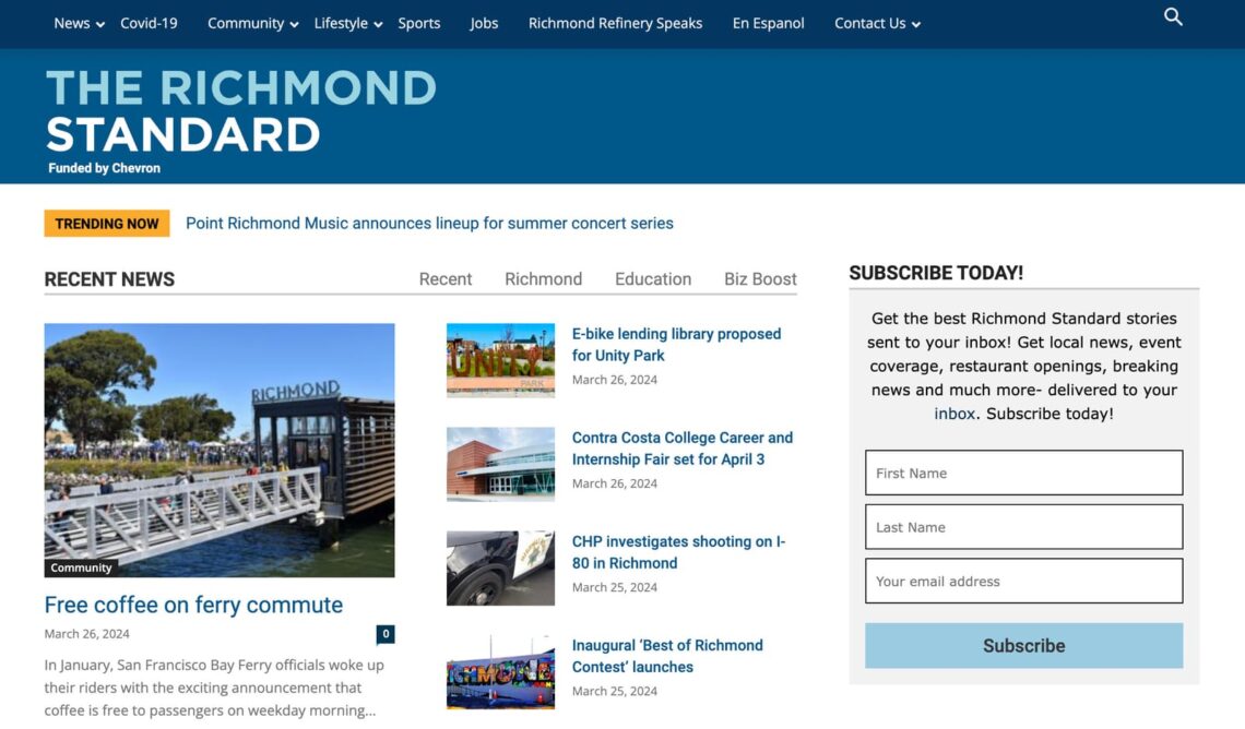 Screenshot of The Richmond Standard, the city's news site powered by Chevron, displaying recent news articles, a subscription form, and a site navigation menu where local stories aren’t told the traditional way.