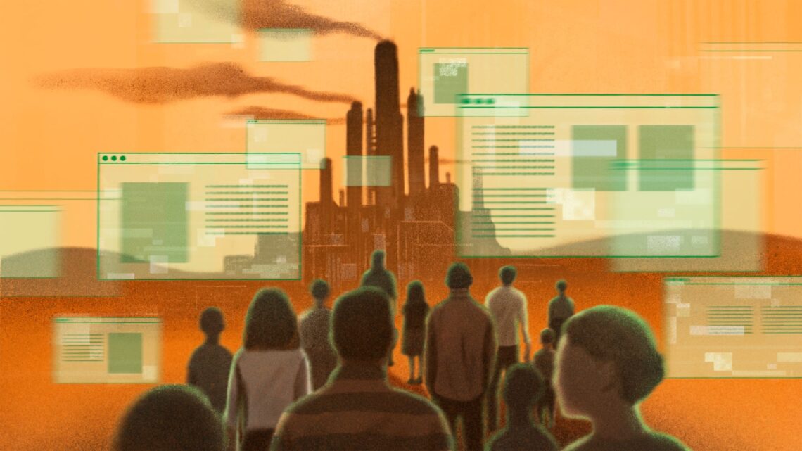 Illustration of people walking towards a factory emitting smoke, with digital screens overlaying the scene, reminiscent of stories on a news site.