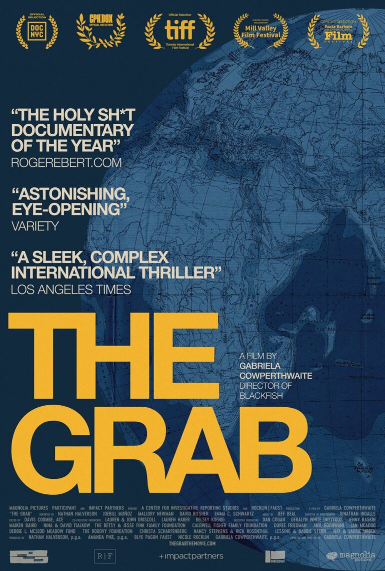 Blue and white poster for the documentary The Grab with press reviews in white.