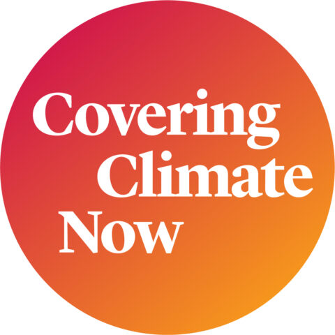 Round red and orange logos for the Covering Climate Awards written in white.