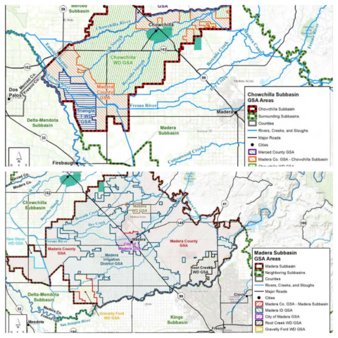 Topographic maps of the Chowchilla and Madera Subbasins, showing boundaries, streams, and GSA areas in different colors, provide essential data for climate programs.