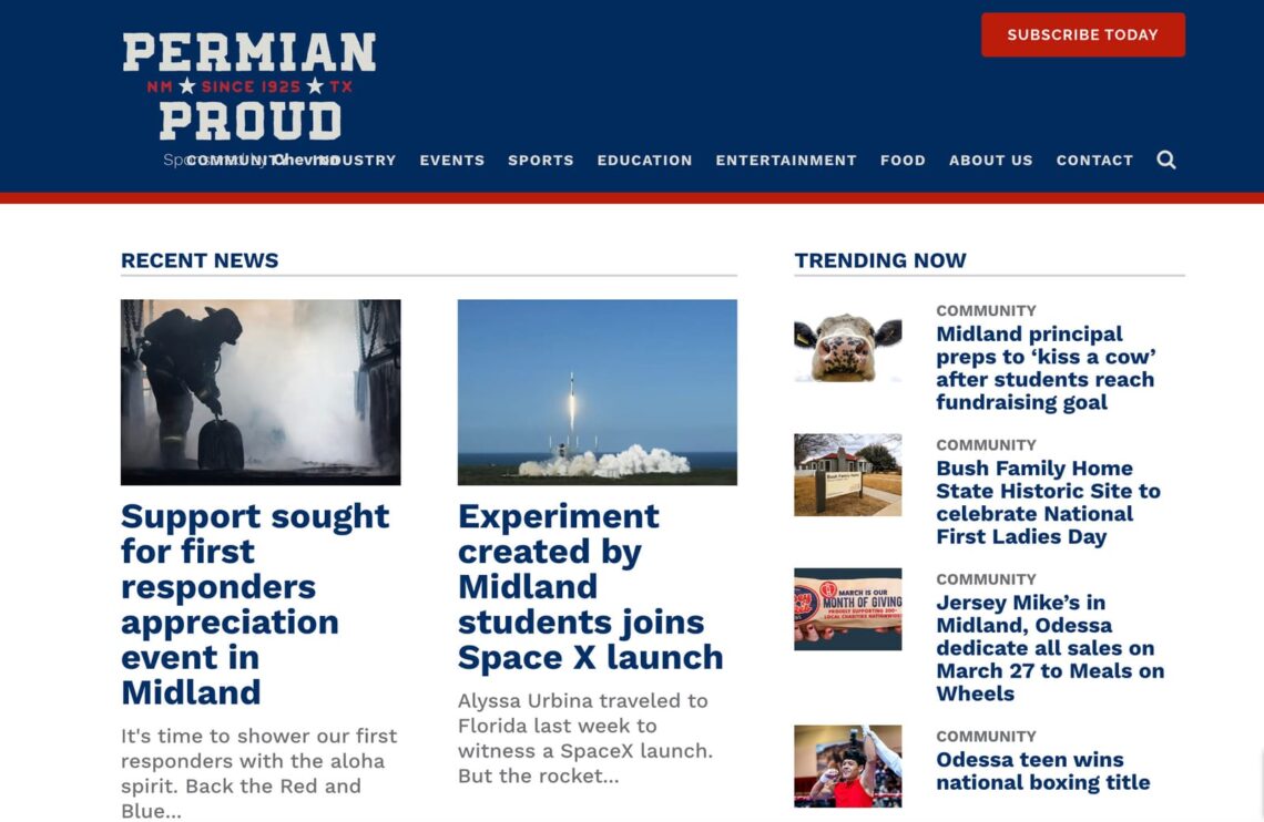         City news site displaying headlines: "Support sought for first responders appreciation event in Midland," "Experiment created by Midland students joins SpaceX launch." Chevron-backed initiatives and untold stories are among other trending headlines.