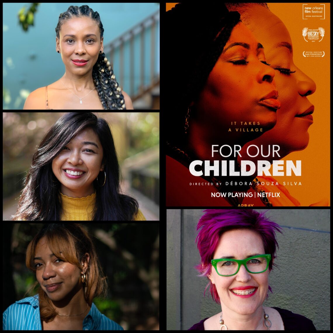 Collage of four headshots of women filmmakers and the poster for the film.