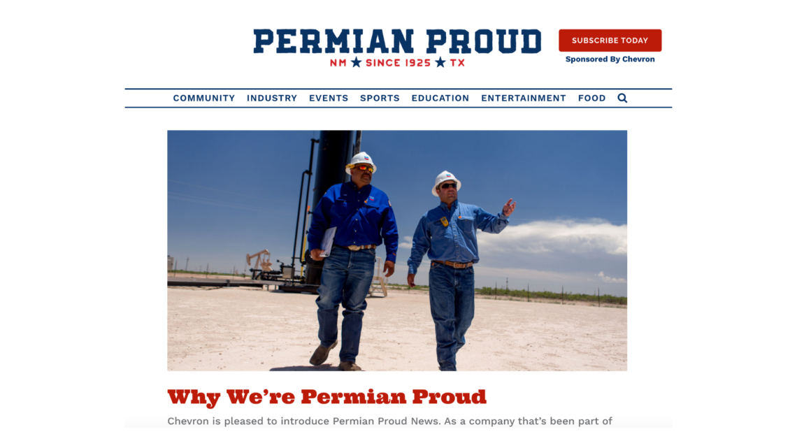 Screenshot of the Permian Proud website homepage which reads Permian Proud in blue capital letters. Underneath, a photo of two men in an oil field wearing blue shirts, blue jeans, and white hard hats.