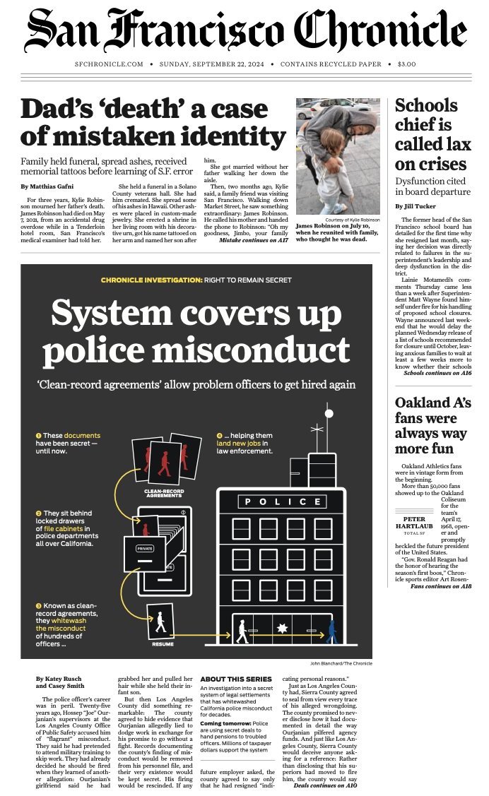 Front page of the San Francisco Chronicle with a black graphic with white letters.