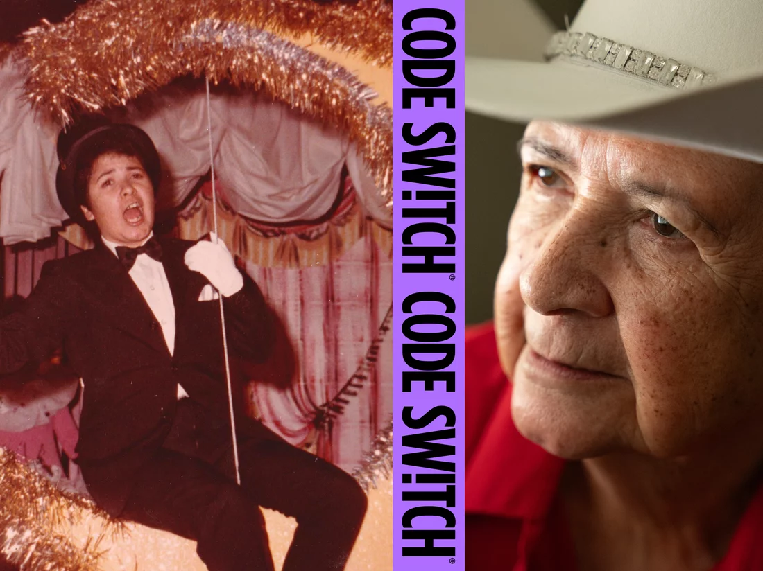 On the left, Elsie Saldaña on stage in full suit and bowtie, on the right Saldaña in a rhinestone cowboy hat, between the two images are the words Code Switch over a purple background.