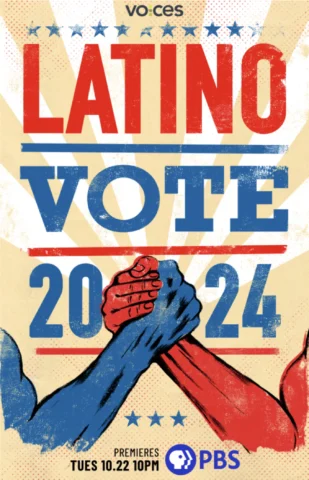 Poster for Latino Vote 2024 that has two fists, one red and one blue, interlocking. the letters are in red and blue block style.